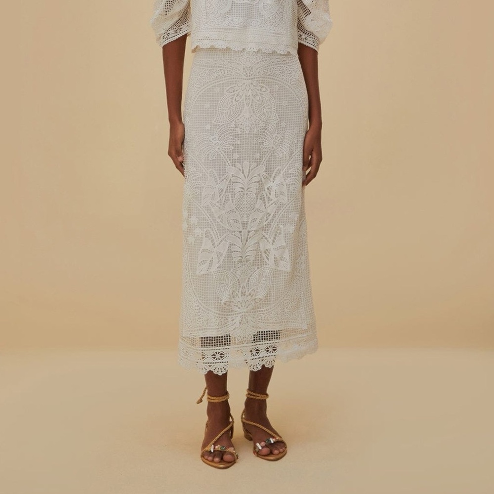 NWT FARM RIO Guipire White Crochet Lace Midi Skirt